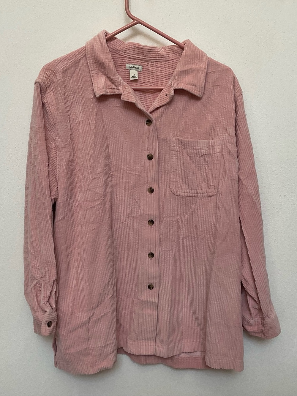 L.L. Bean Blush Pink Wide Rib Corduroy Long Sleeve Button Up Top Size 1X